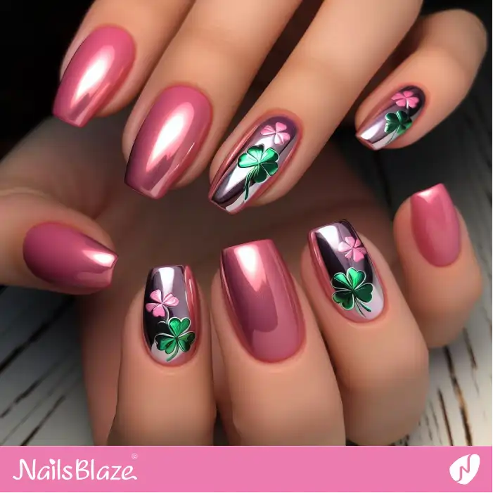 Pink Chrome Nails with Clover Leaves | Nature-inspired Nails - NB1580
